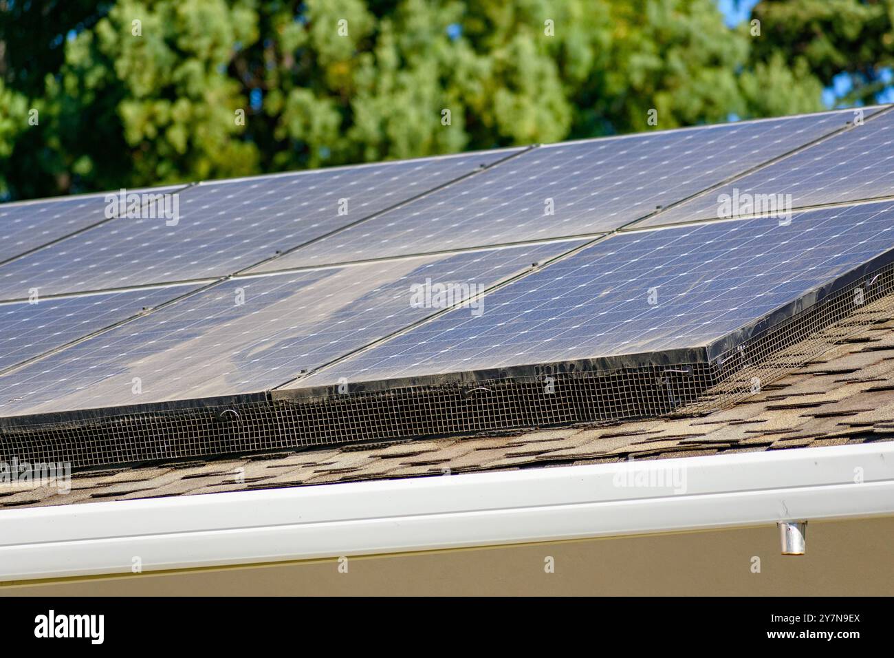 Primo piano di pannelli solari installati su un tetto con tegole marroni. Un array di energia solare installato su un tetto inclinato è circondato da una rete a rete che protegge Foto Stock
