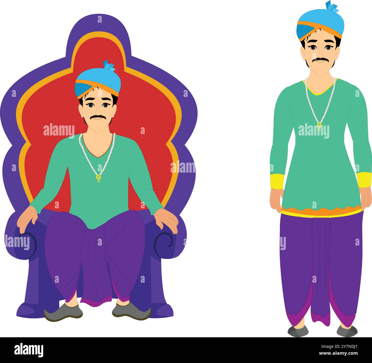 Modella dei personaggi dei cartoni animati del re.principe seduto sul trono e in posa in piedi. Personaggi maschili delle fiabe. Re con un abito da sposa Illustrazione Vettoriale