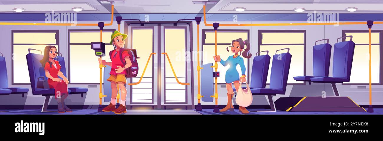 Persone all'interno dei trasporti pubblici. Illustrazione vettoriale di un uomo felice con zaino che viaggia in autobus cittadino, donne che si recano al lavoro, comodi posti a sedere in tram, passeggeri che utilizzano un moderno terminal dei biglietti Illustrazione Vettoriale