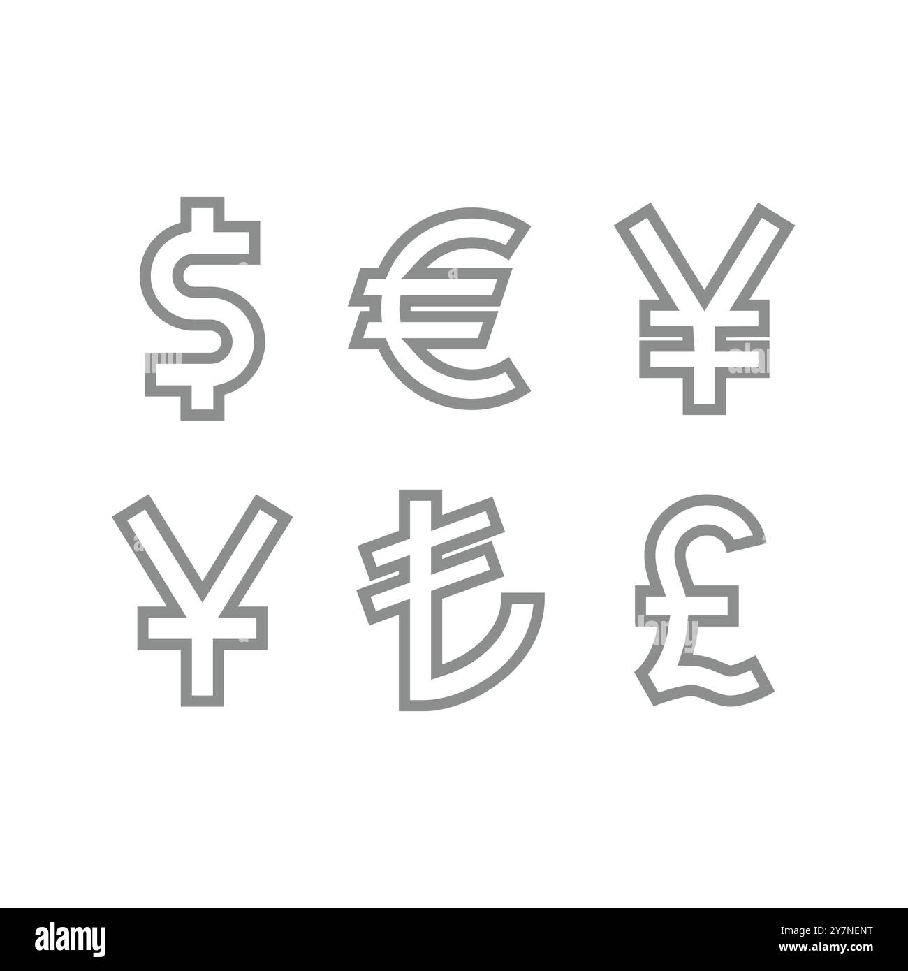 Set di icone vettoriali di linea delle valute. Icone euro, dollaro, sterlina e yen. Illustrazione Vettoriale