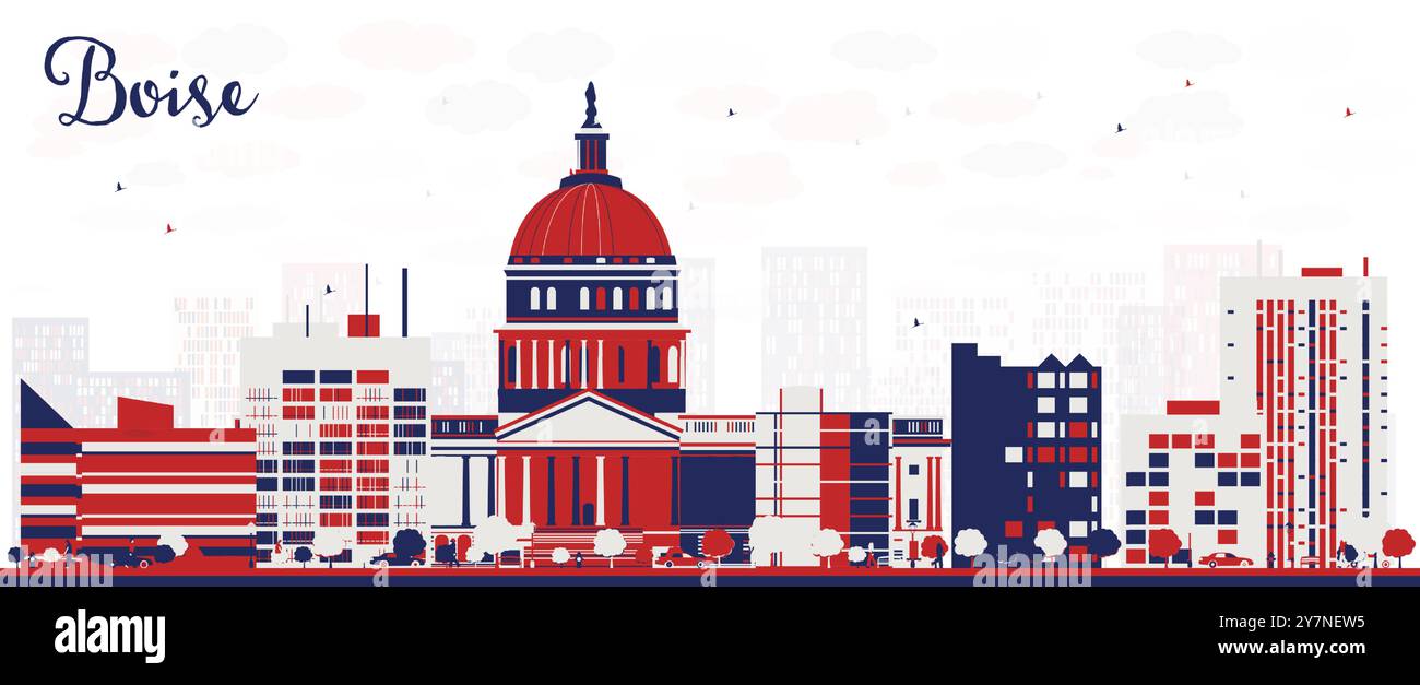 Abstract Boise USA City Skyline con edifici colorati. Illustrazione vettoriale. Paesaggio urbano con punti di riferimento. Illustrazione Vettoriale