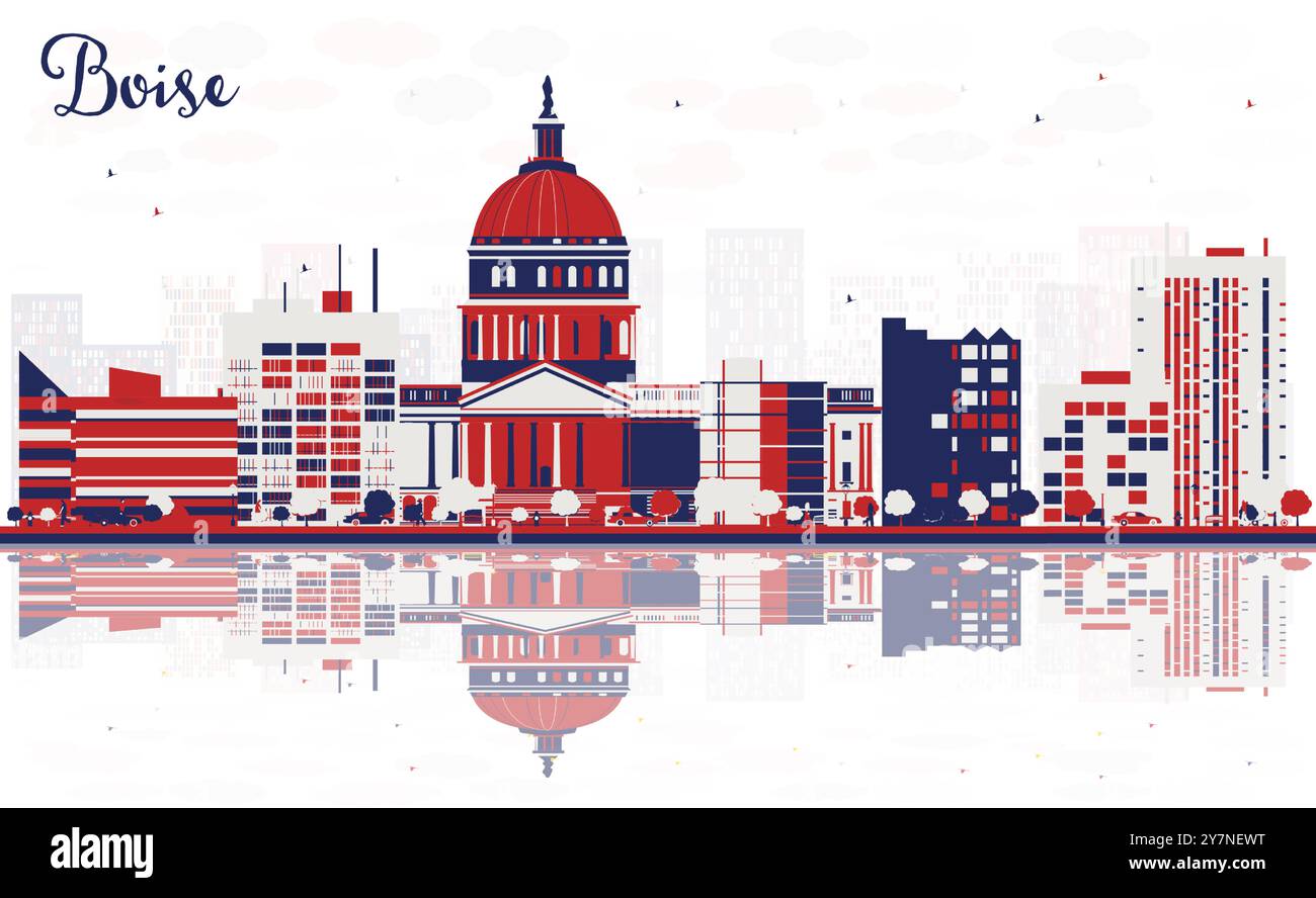 Profilo abstract della città di Boise USA con edifici colorati e riflessi. Illustrazione vettoriale. Paesaggio urbano con punti di riferimento. Illustrazione Vettoriale
