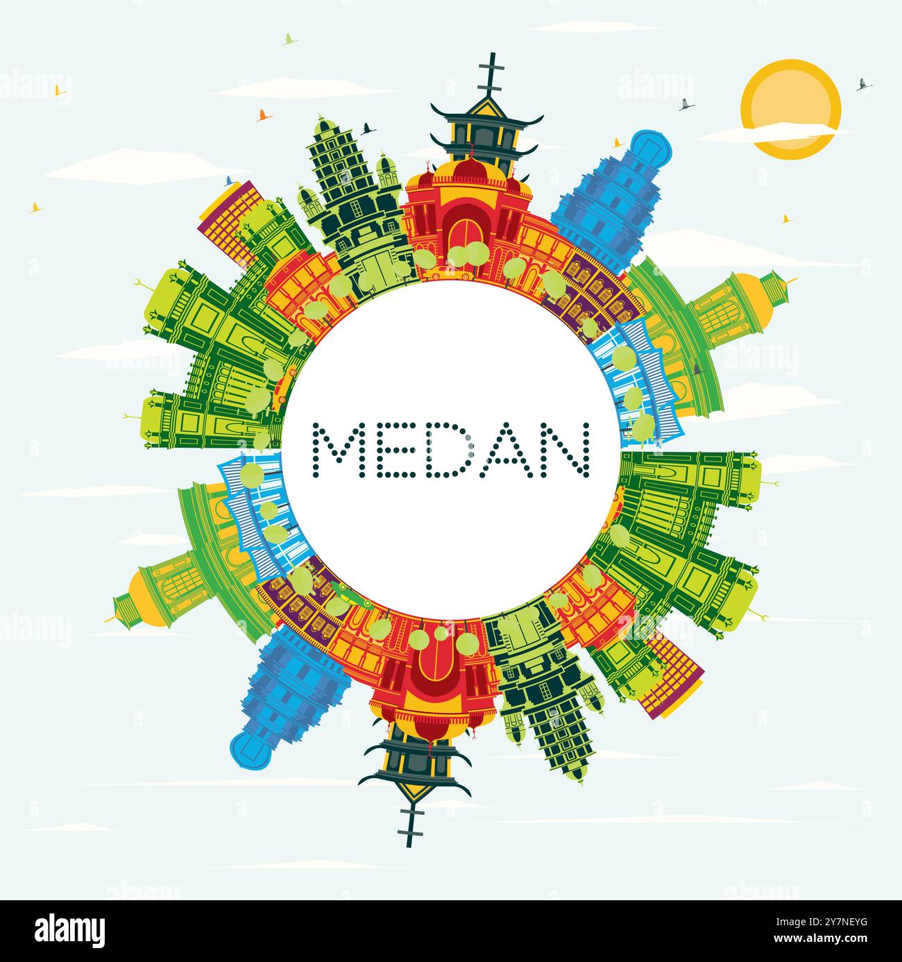 Skyline della città di Medan Indonesia con edifici colorati, cielo blu e spazio per fotocopie. Illustrazione vettoriale. Illustrazione Vettoriale