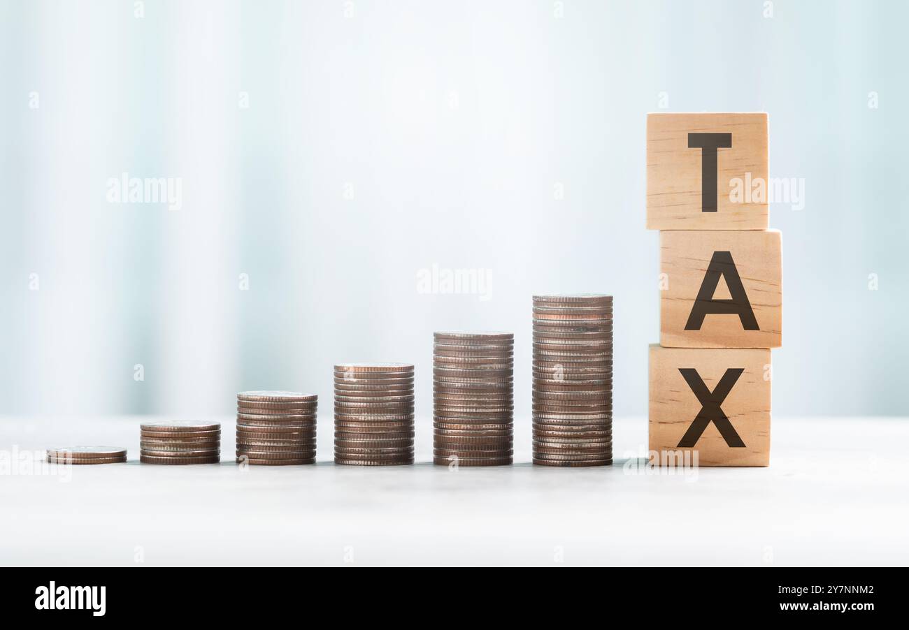 LA TASSA è scritta su un blocco di legno accanto ad una pila di monete su un tavolo di legno su uno sfondo bianco brillante. Pianificazione fiscale e finanziaria, risparmi e. Foto Stock