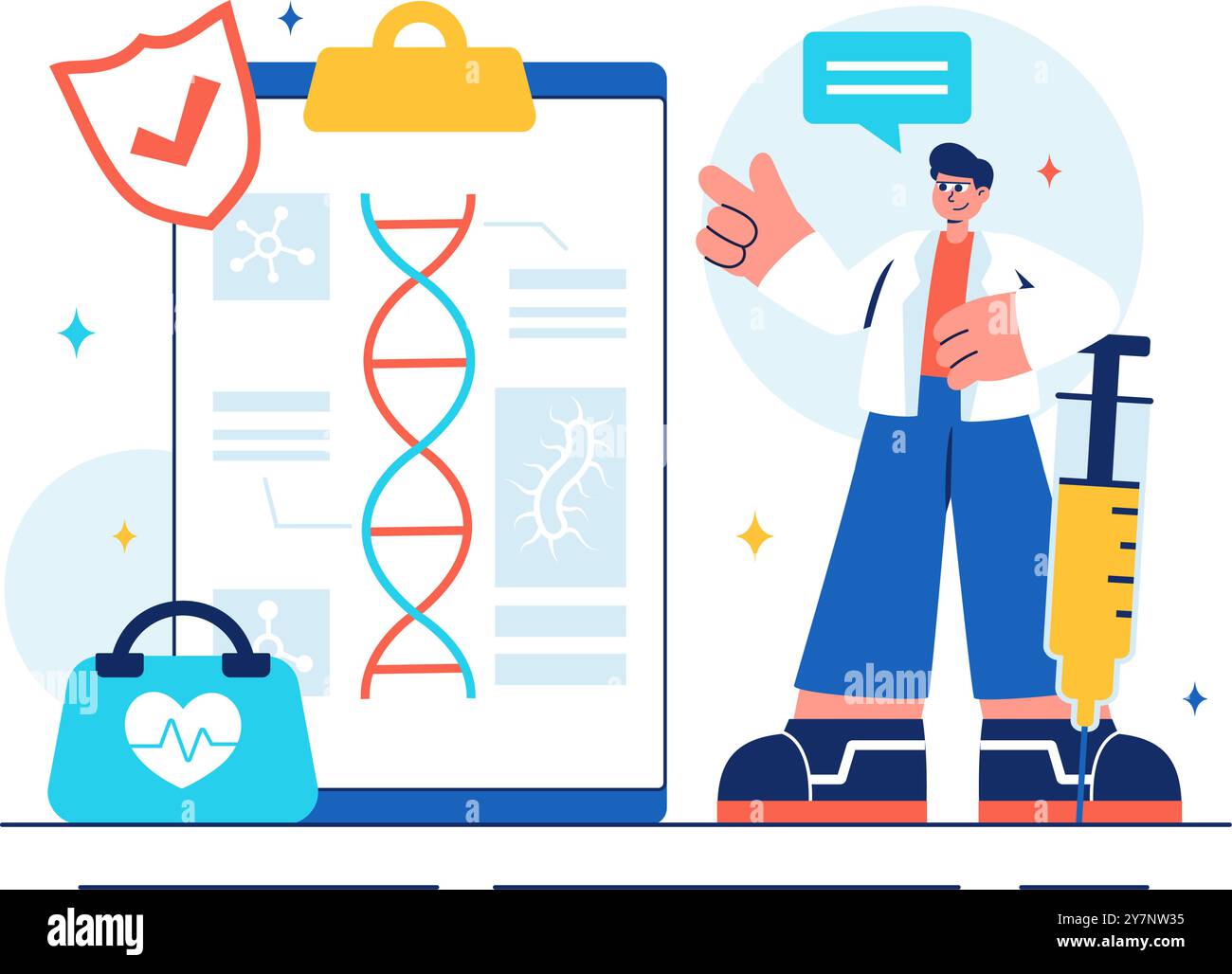 Illustrazione del vettore immunologo che mostra il sistema di protezione immunitaria che aiuta le persone a combattere le infezioni e i batteri nocivi in uno sfondo piatto Illustrazione Vettoriale
