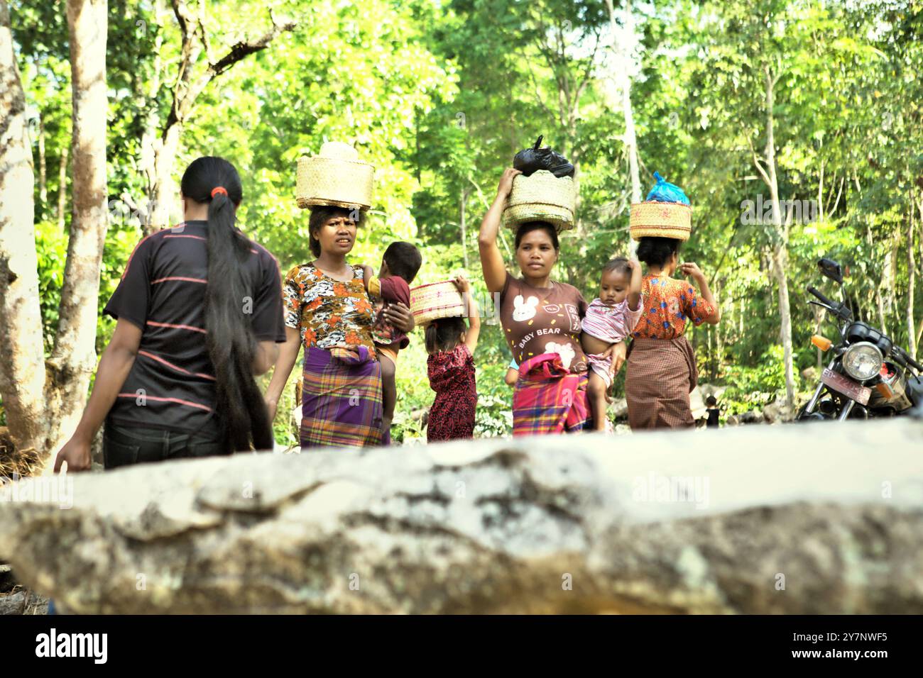 Le donne trasportano i bambini a mano mentre portano materiali alimentari sulla testa, mentre camminano nel villaggio tradizionale di Praijing a Tebara, Waikabubak, Sumba occidentale, Nusa Tenggara orientale, Indonesia. Secondo Hernan Vales, capo della sezione popoli indigeni e minoranze presso United Nation Human Rights, in una pubblicazione del settembre 2024 dell'Ufficio per i diritti umani dell'ONU dell'alto Commissario (OHCHR), le voci dei popoli indigeni sono cruciali per promuovere i loro diritti umani e la loro partecipazione al processo decisionale internazionale. Foto Stock