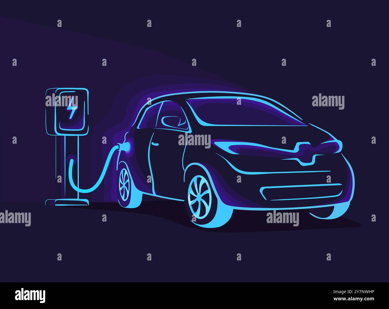 Astratta del caricabatteria EV. Silhouette elettrica per auto elettriche su sfondo scuro, stazione di ricarica per veicoli elettrici, futuro concetto di energia astratta auto, illustrazione vettoriale ordinata, grafica originale Illustrazione Vettoriale