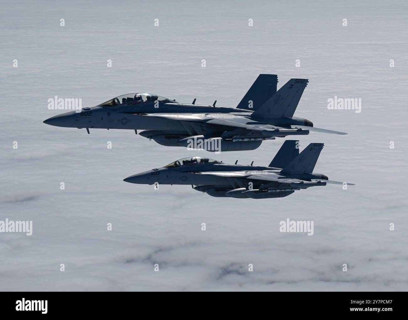 Due EA-18G Growler della Marina degli Stati Uniti volano durante Gray Flag 24, al largo delle coste della California, 25 settembre 2024. Gray Flag era una forza congiunta su larga scala t Foto Stock