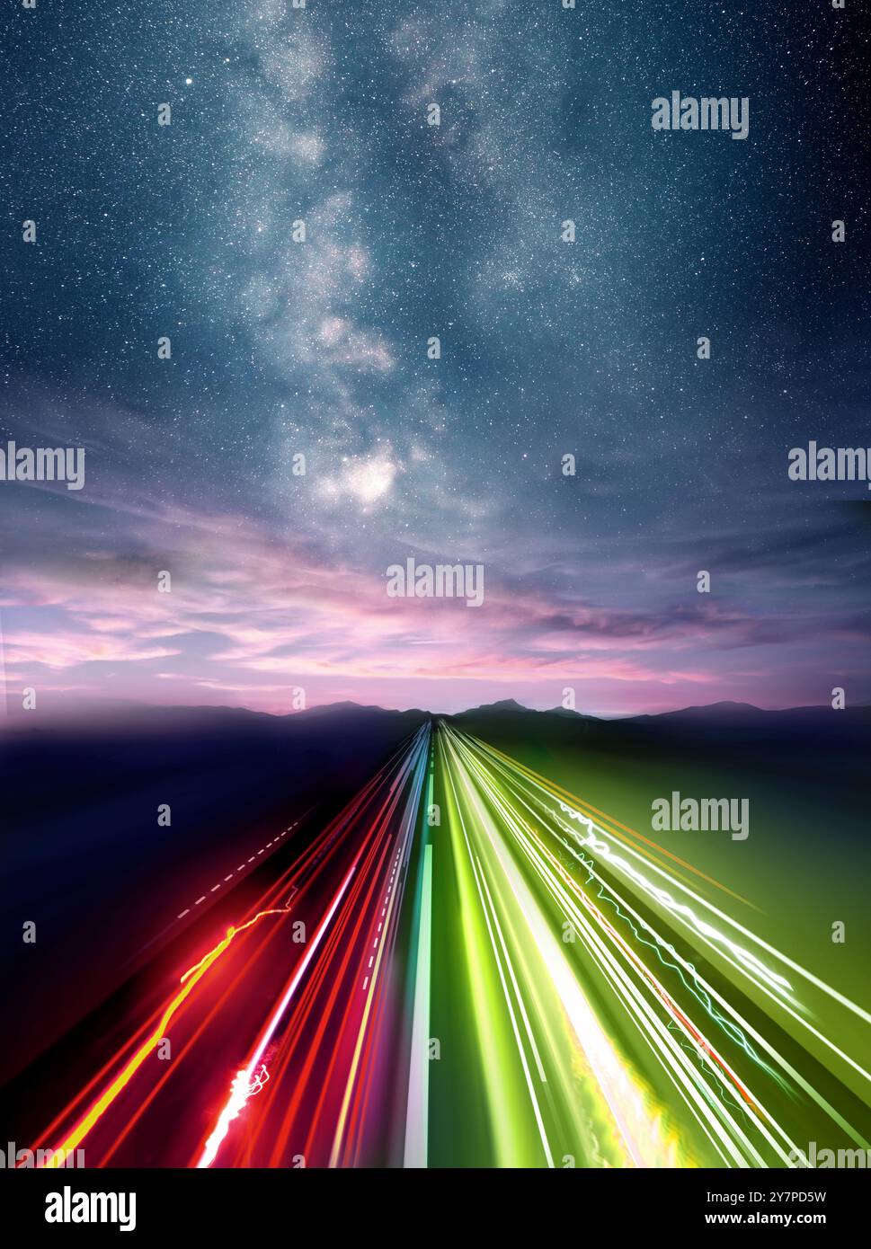 Percorsi leggeri veloci che accelerano nel futuro. Business e tecnologia. Composizione foto. Foto Stock