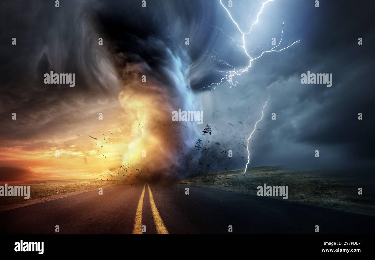 Una drammatica storm al tramonto producendo un potente tornado la torsione attraverso la campagna con foglio fulmini. Paesaggio mixed media illustrazione. Foto Stock
