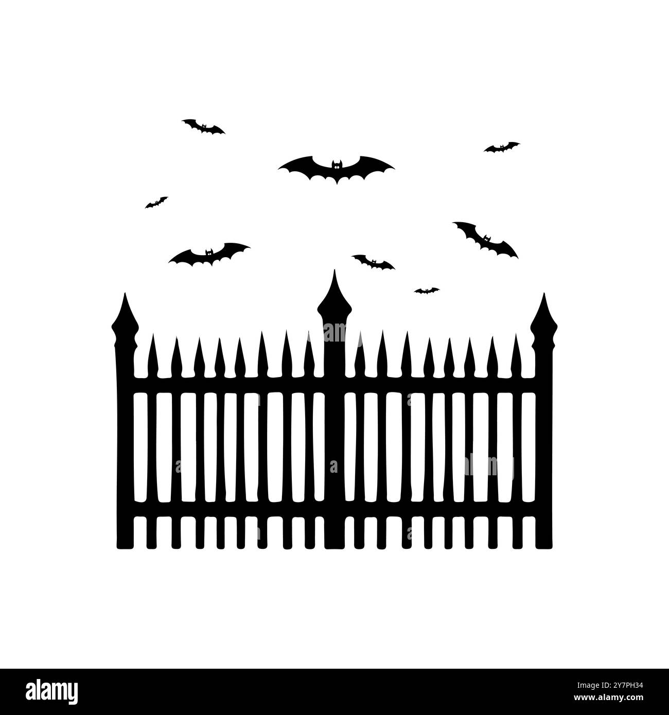 Pipistrelli di Halloween e vecchio recinto rotto sul cimitero, elemento di silhouette del decor di Halloween. Illustrazione vettoriale Illustrazione Vettoriale