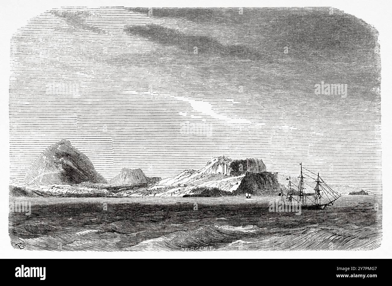 Ufficio postale Bay, Floreana Island, Galapagos, Ecuador. Disegno di Evremond de Berard (1824-1881) viaggi di un naturalista all'arcipelago delle Galapagos, 1858 di Charles Darwin (1809-1882) le Tour du Monde 1860 Foto Stock