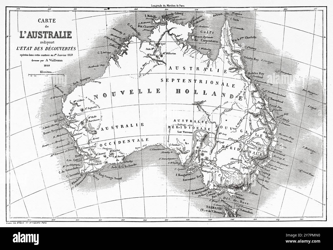 Vecchia mappa dell'Australia. Viaggio da Sydney ad Adelaide, 1860. Le Tour du Monde 1860 Foto Stock