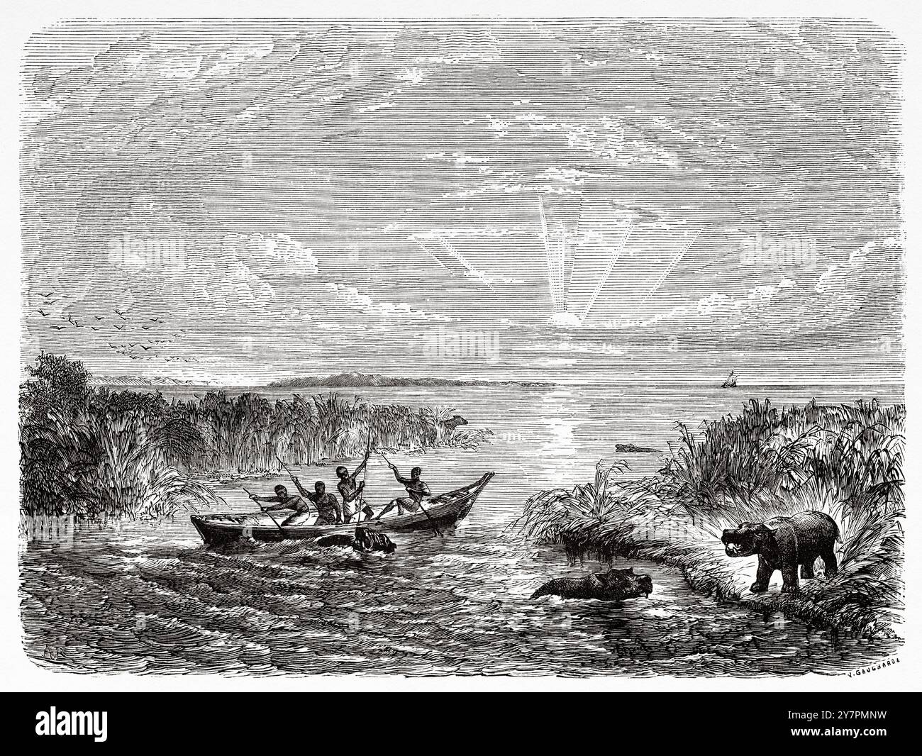 Il lago Ciad è un lago endorheico d'acqua dolce situato all'incrocio dei paesi di Nigeria, Niger, Ciad e Camerun nell'Africa occidentale e centrale. Disegno di Adolphe Rouargue (1810-1870) viaggi e scoperte nell'Africa settentrionale e centrale, 1849-1855 di Heinrich Barth (1821-1865) le Tour du Monde 1860 Foto Stock