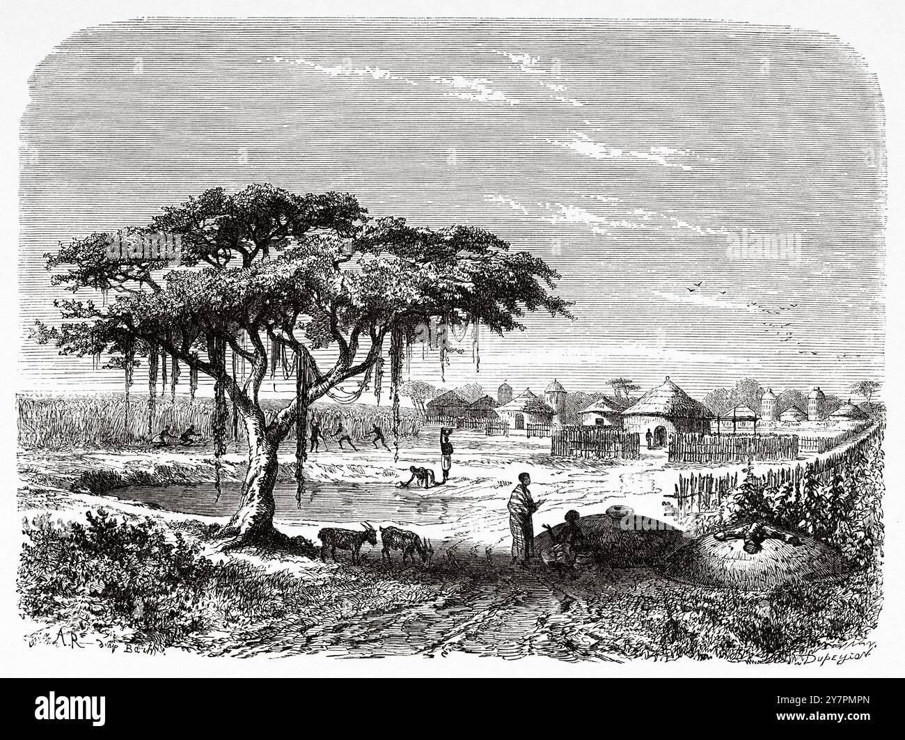 Villaggio di Barea sul confine tra Nigeria e Ciad. Africa. Disegno di Adolphe Rouargue (1810-1870) viaggi e scoperte nell'Africa settentrionale e centrale, 1849-1855 di Heinrich Barth (1821-1865) le Tour du Monde 1860 Foto Stock