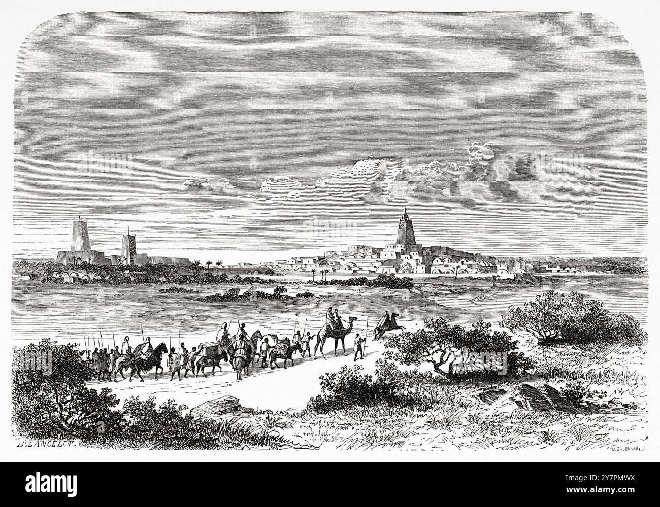 Carovana che si avvicina all'antica città di Timbuktu, Mali. Africa. Disegno di Dieudonne Lancelot (1823-1895) viaggi e scoperte nell'Africa settentrionale e centrale, 1849-1855 di Heinrich Barth (1821-1865) le Tour du Monde 1860 Foto Stock