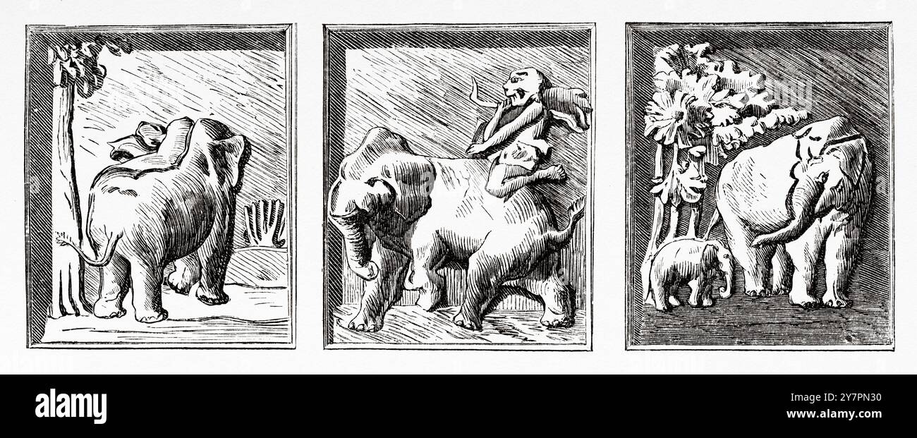 Sculture comiche nel monastero reale di Amarapura, Birmania, Myanmar. Sud-est asiatico. Disegno di Lancelot. Viaggio nel regno di Ava, 1855, del colonnello Sir Henry Yule (1820-1889) le Tour du Monde 1860 Foto Stock