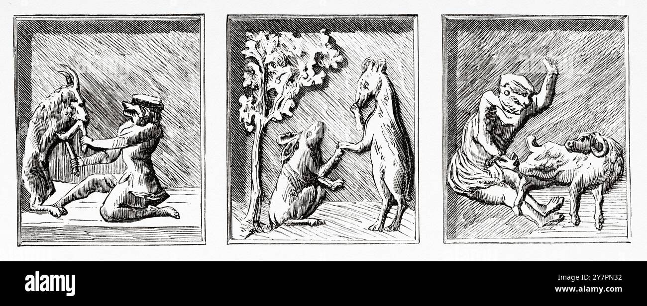 Sculture comiche nel monastero reale di Amarapura, Birmania, Myanmar. Sud-est asiatico. Disegno di Lancelot. Viaggio nel regno di Ava, 1855, del colonnello Sir Henry Yule (1820-1889) le Tour du Monde 1860 Foto Stock