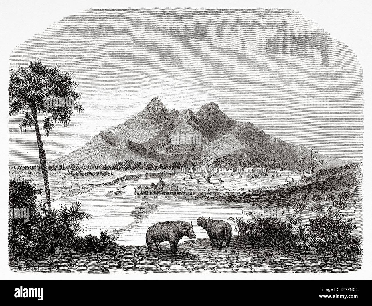 Vecchio villaggio nella provincia di Fazogli, Sudan. Africa. Disegno di Lancelot. Viaggio verso il fiume Sobat, affluente del Nilo bianco, 1855 di Andrea Debono (1821-1871) le Tour du Monde 1860 Foto Stock