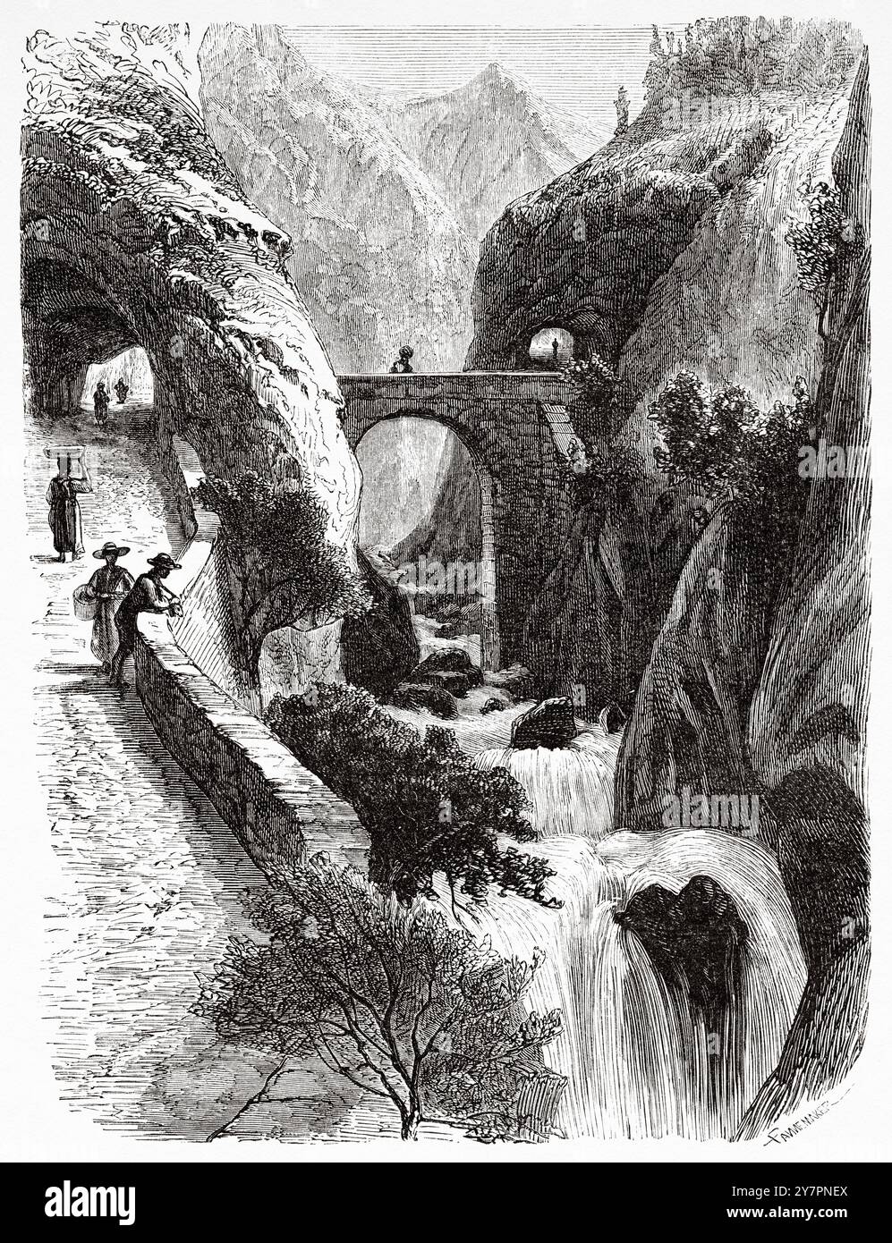 Les Grands Goulets è una gola nella parte occidentale del massiccio del Vercors. La gola forma la testa della Vernaison Valley, dipartimento di Isere. Francia. Disegno di Karl Girardet (1813-1871) escursioni nel Delfinato, 1850-1860 di Adolphe Joanne (1813-1881) le Tour du Monde 1860 Foto Stock Les Grands Goulets è una gola nella parte occidentale del massiccio del Vercors. La gola forma la testa della Vernaison Valley, dipartimento di Isere. Francia. Disegno di Karl Girardet (1813-1871) escursioni nel Delfinato, 1850-1860 di Adolphe Joanne (1813-1881) le Tour du Monde 1860 Foto Stock