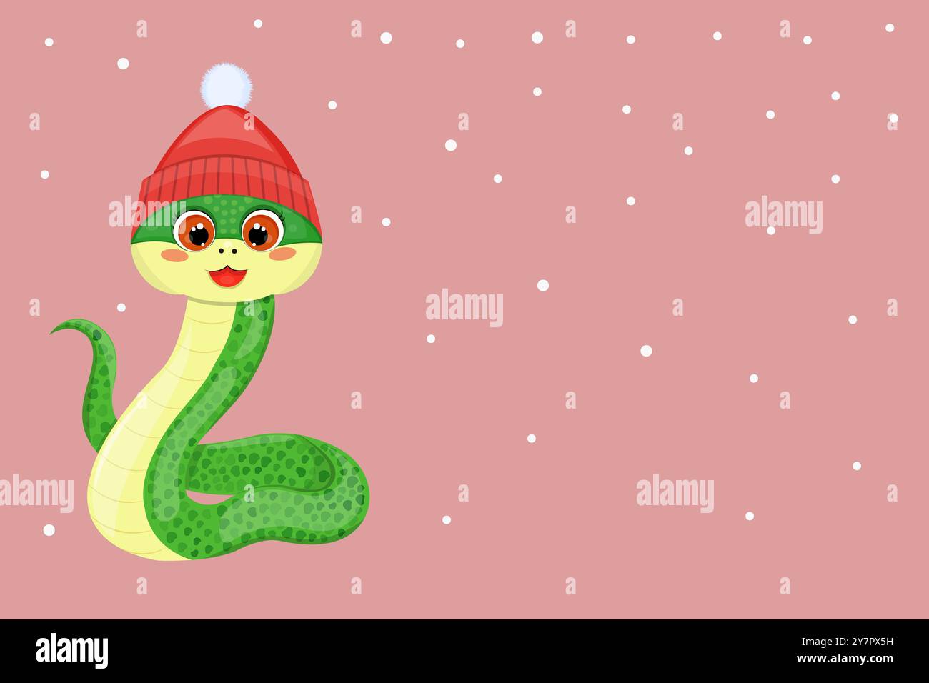 Sfondo natalizio con fiocchi di neve e simpatico serpente cartoni animati Foto Stock