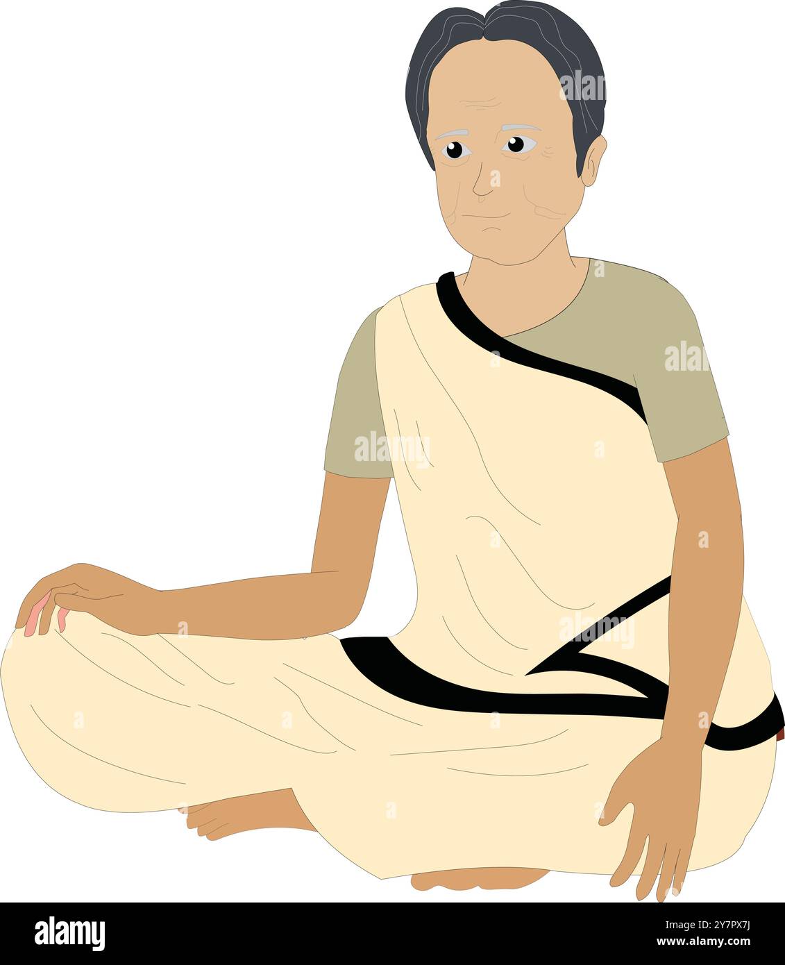 Una vecchia donna indiana seduta in posa illustrazione. Personaggio vedova indiana seduta e indossa un sari bianco. Design del personaggio della nonna per i cartoni animati Illustrazione Vettoriale