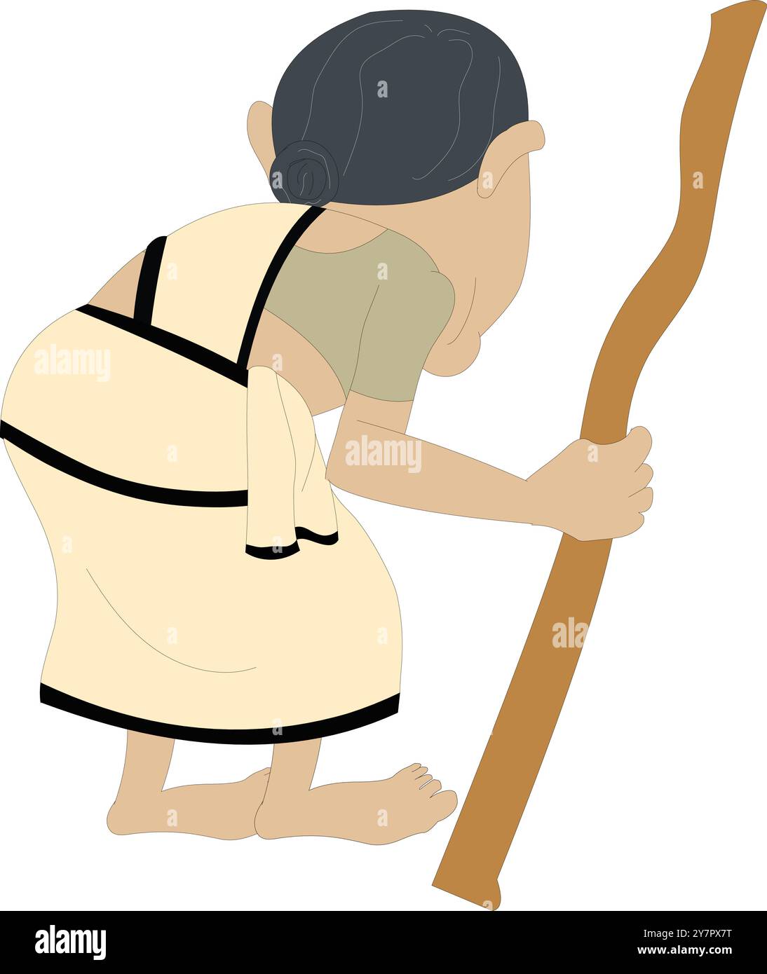 Indiano Old Woman retrovisione personaggio per cartone animato. Donna vedova indiana che indossa un disegno bianco sari a racter Illustrazione Vettoriale