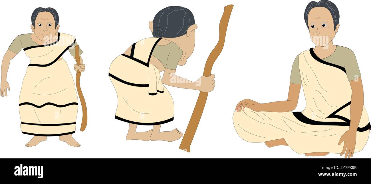 il carattere di una vecchia donna. Vecchia donna indiana in bianco foglio modello sari. Nonna indiana personaggio ambientato in sari bianchi per cartone animato Illustrazione Vettoriale