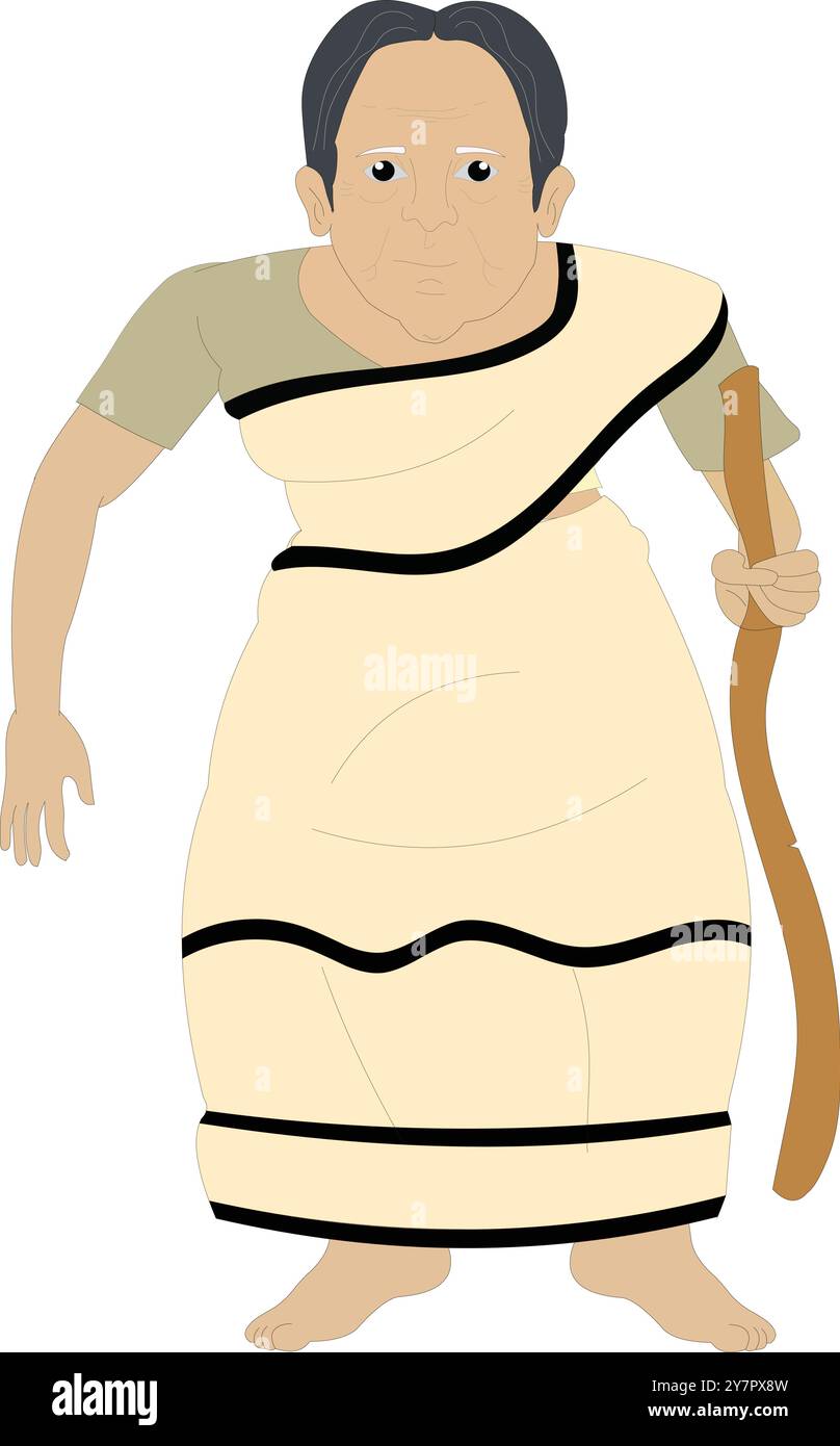 Design della vista frontale del personaggio di una vecchia donna indiana per l'animazione dei cartoni animati. vecchia vedova. Desi nonna in piedi con un bastone che indossa il sari bianco Illustrazione Vettoriale