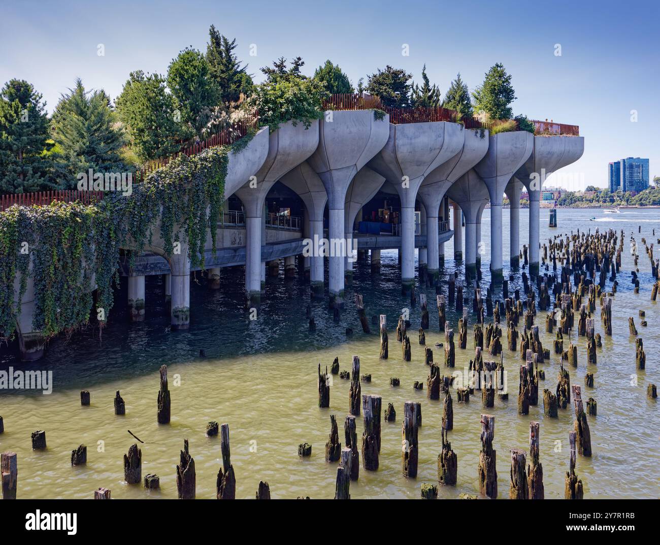 Little Island Park, arroccato su "tulipani" di cemento, visto da nord-est; la foresta di ceppi palificanti sono resti del molo 56 di New York. Foto Stock