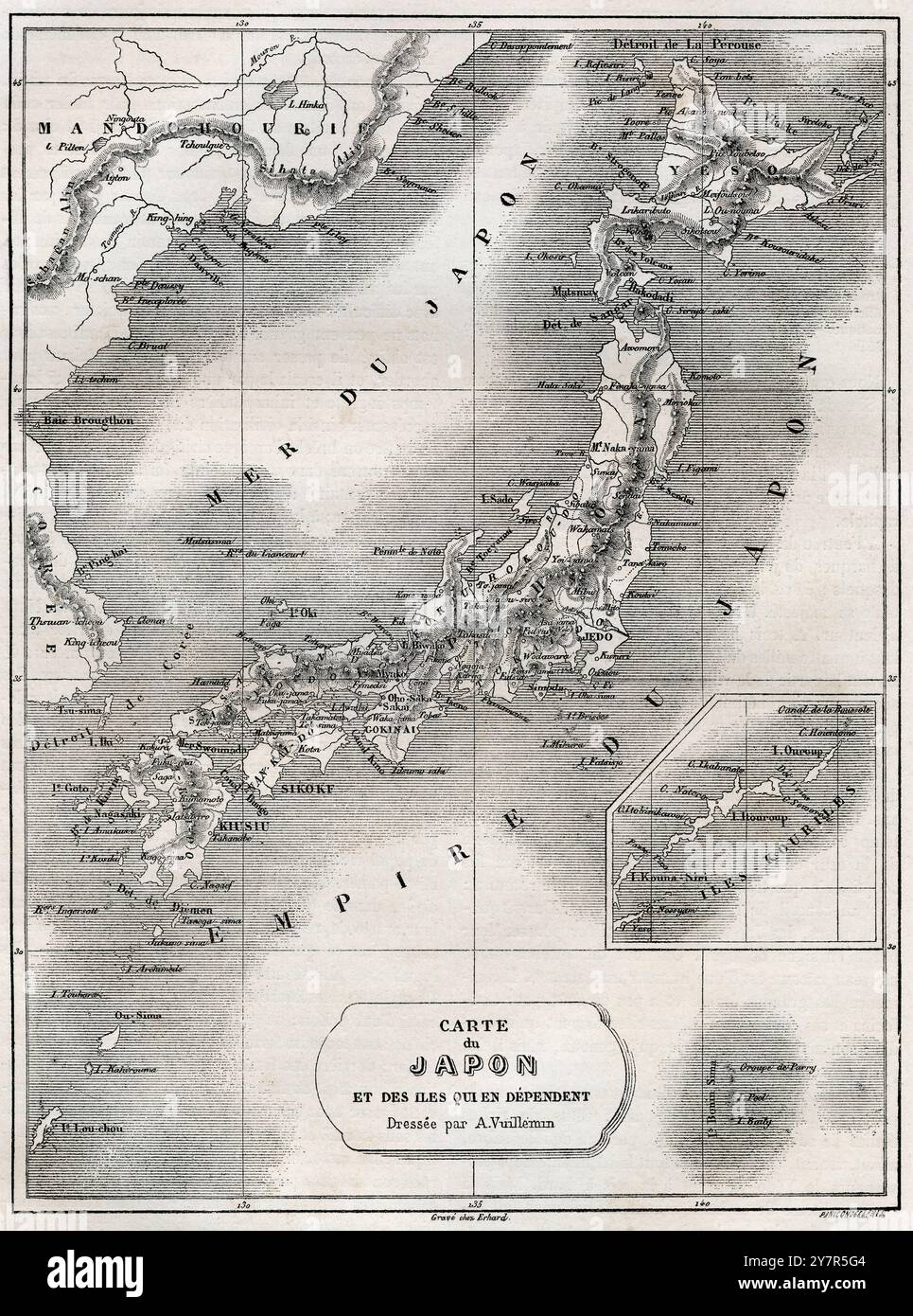 Mappa del Giappone del XIX secolo e delle isole che dipendono da esso. Da le Tour du Monde, pubblicato Parigi, 1860. Foto Stock
