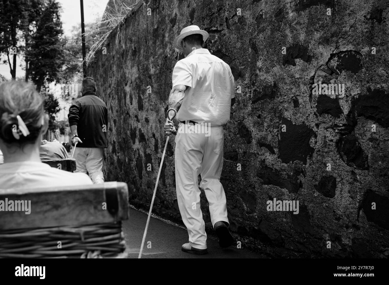 Monocromatico di carreiros guidando sapientemente uno slittino in vimini lungo una strada stretta Foto Stock