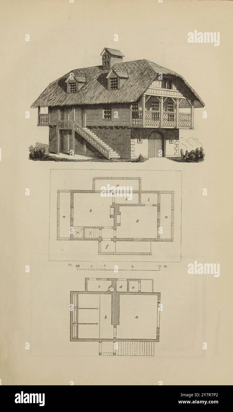 case del xix secolo in vari stili, per lavoratori e agricoltori. Londra. 1842 Un cottage in stile svizzero tedesco, per un uomo e la sua famiglia, con Acoommodation per due cavalli e una mucca Foto Stock