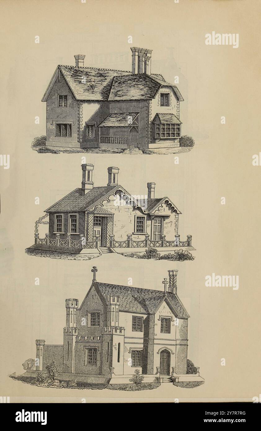 case del xix secolo in vari stili, per lavoratori e agricoltori. Londra. 1842 Un cottage, in vecchio stile inglese, con cucina, salotto, sala business, tre camere da letto, e altre comodità. Un cottage di quattro camere, con altre comodita'. Una Loggia castellata, come dimora per un giardiniere, o altro Servo superiore, in una tenuta di gentiluomo Foto Stock