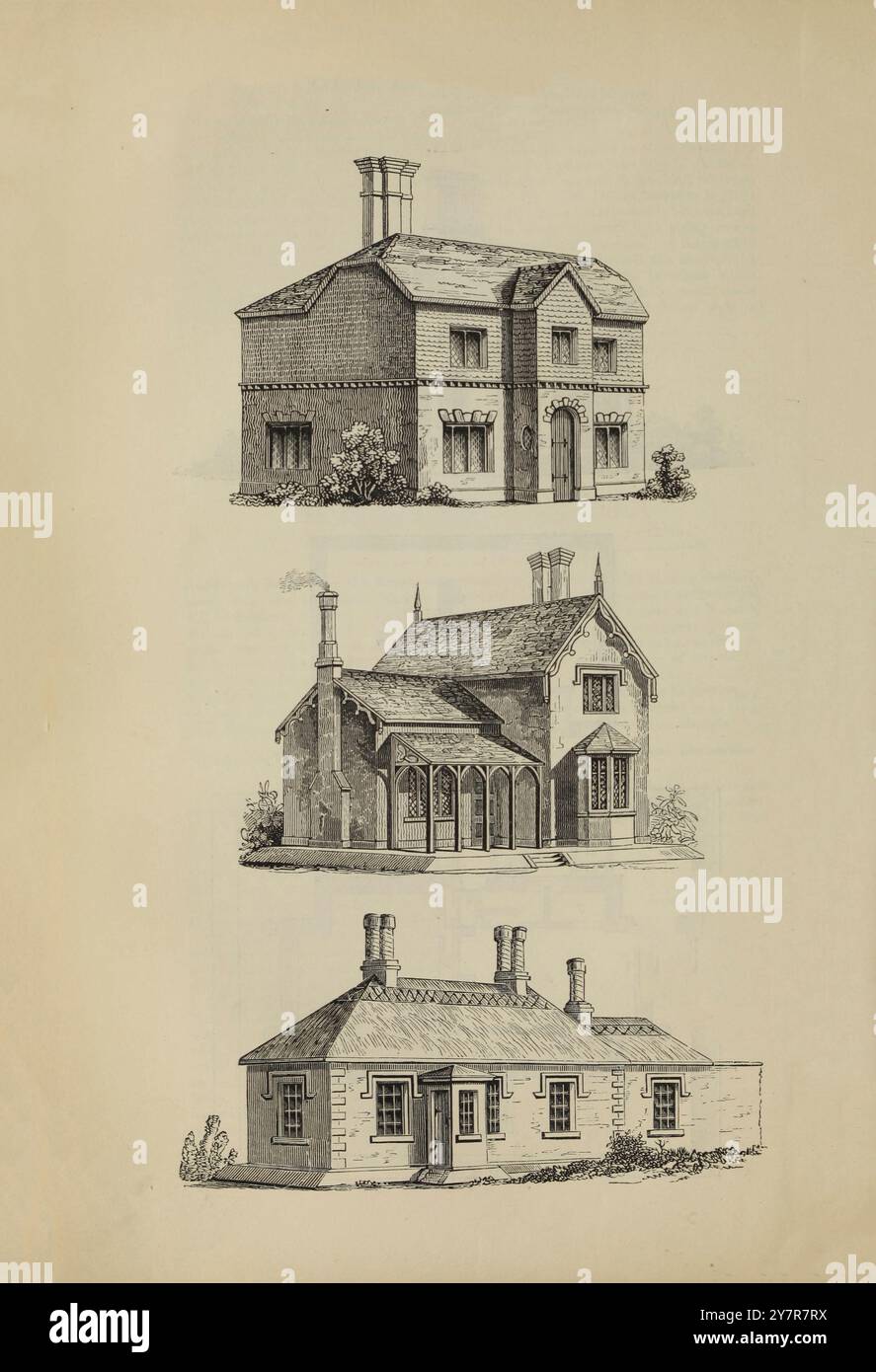case del xix secolo in vari stili, per lavoratori e agricoltori. Londra. 1842 progettazione di un cottage, in stile inglese antico, e di una costruzione adatta ad avere parte delle pareti ricoperte di piastrelle meteorologiche. Un cottage in stile inglese antico, contenente al piano terra un soggiorno, cucina e altre comodita', con due camere da letto. Un cottage che abita ad un piano, contiene sei stanze, un Washhouse e altre comodita' Foto Stock