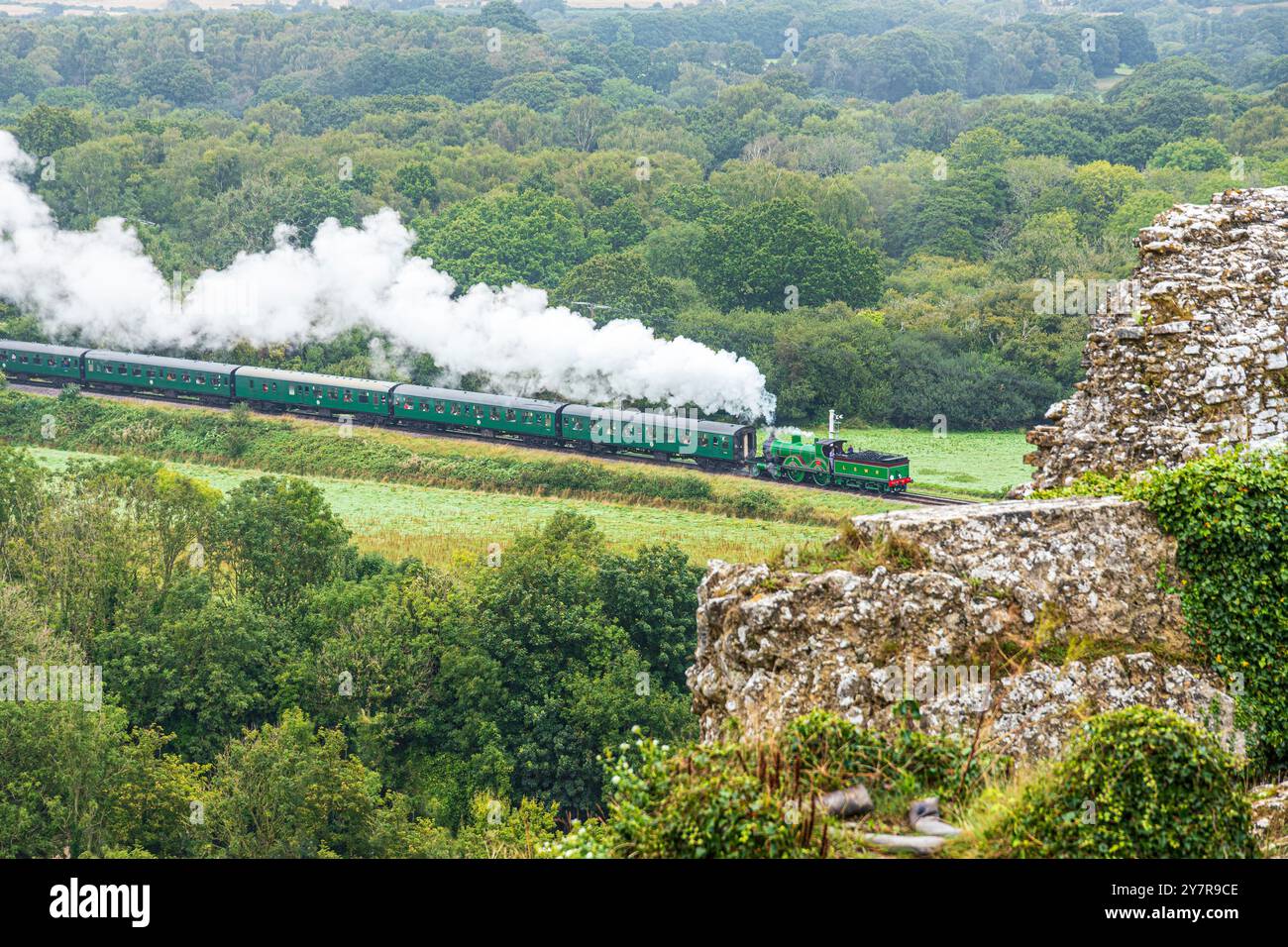 Un treno a vapore LSWR sulla storica Swanage Railway diretto verso la stazione ferroviaria di Corfe, visto da Corfe Castle, Dorset, Inghilterra, Regno Unito Foto Stock