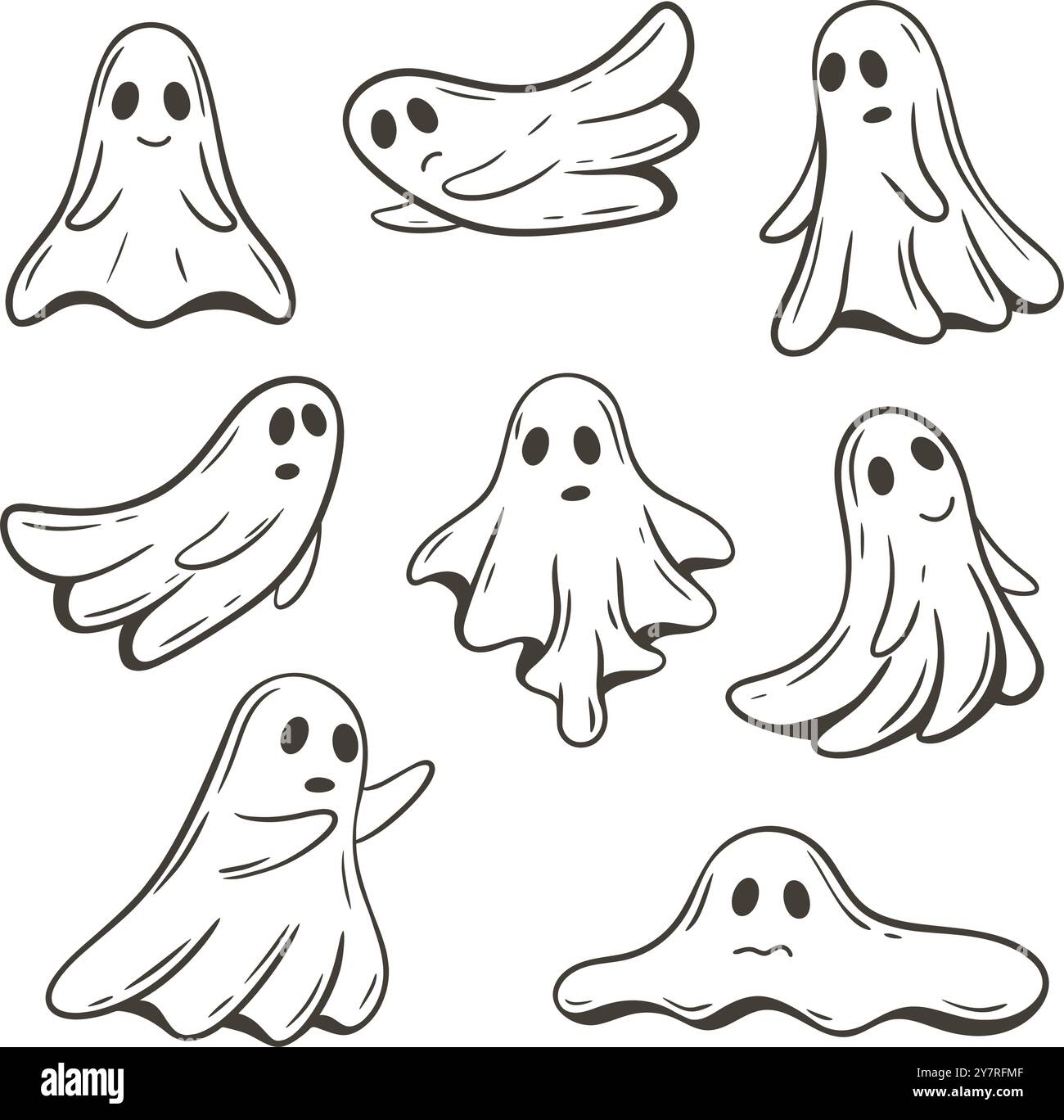 Immagini fantasma set disegnato a mano illustrazioni di clip art. Sagoma di personaggi fantasma per Halloween. Incubi divertenti, stile di schizzo, grafica vettoriale Illustrazione Vettoriale