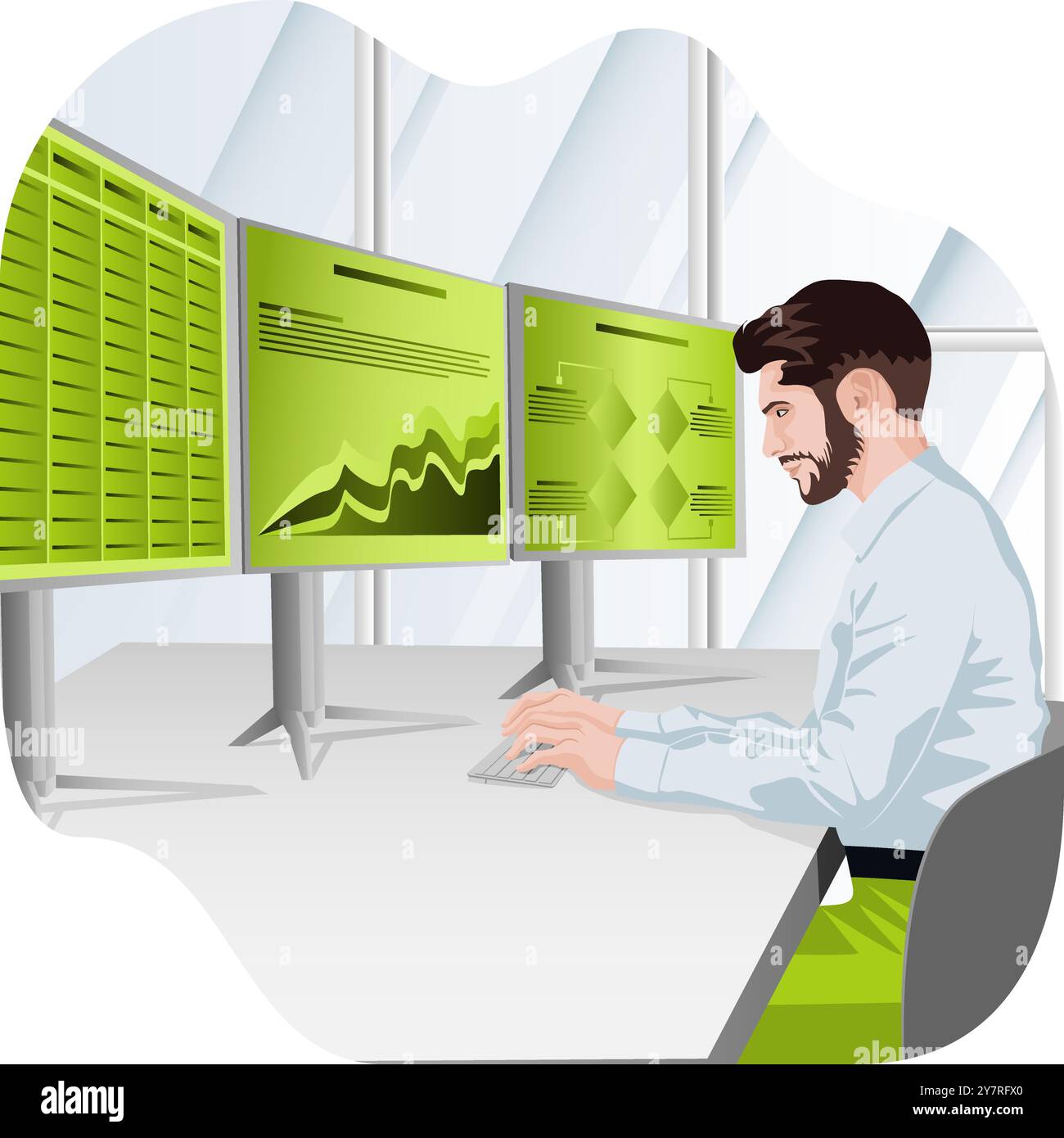 Un uomo sta studiando i rapporti per identificare e comprendere i problemi nel processo decisionale. Concetto di business. Illustrazione vettoriale piatta. Illustrazione Vettoriale