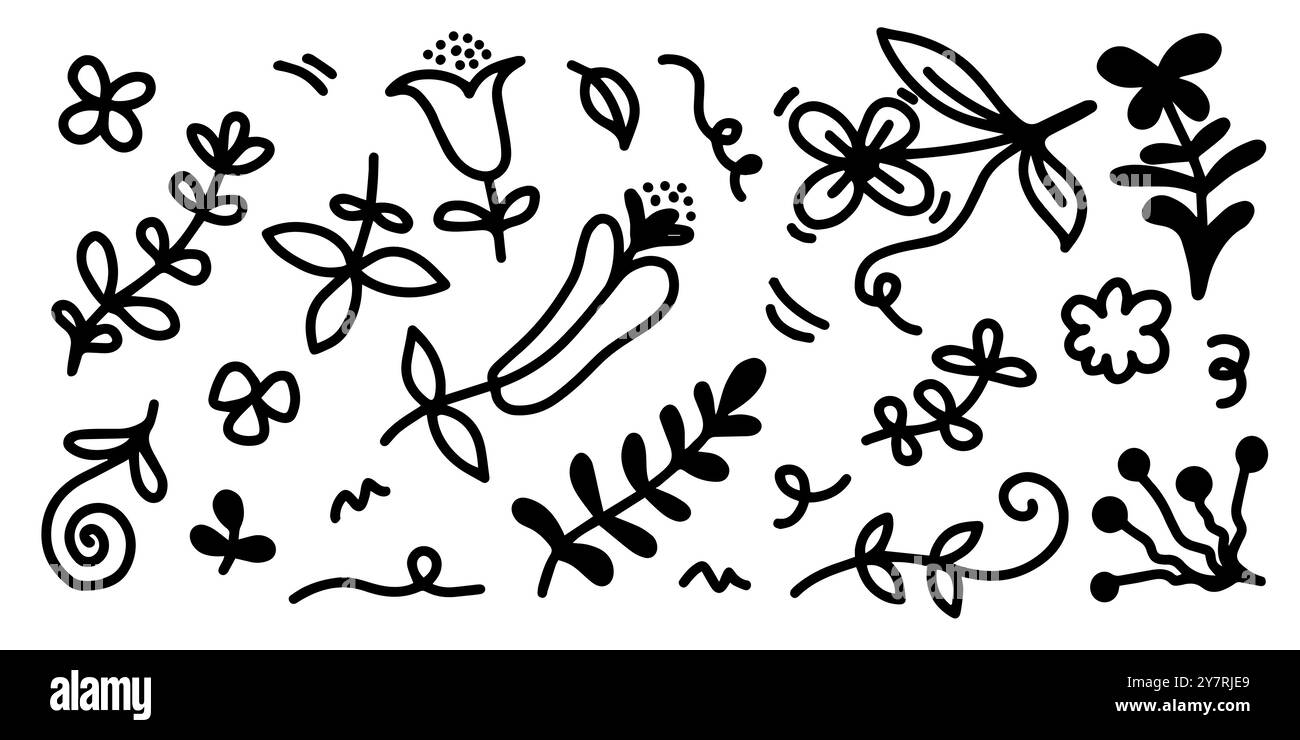 una collezione di immagini di fiori disegnati a mano come campanello, crisantemi, girasoli, fiori di cotone e foglie tropicali Illustrazione Vettoriale