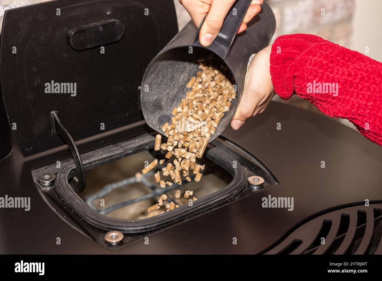 Donna che riempie una stufa a pellet Foto Stock