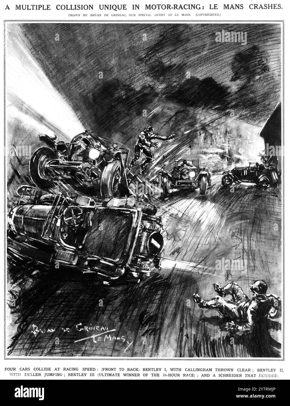 Una COLLISIONE MULTIPLA UNICA NEL MONDO DELLE CORSE AUTOMOBILISTICHE: LE MANS CRASHESFour si scontrano alla velocità di gara: (Front to Back) Bentley i, con Leslie Callingham gettato in chiaro; Bentley II, con George Duller in salto; Bentley III (vincitore assoluto della 24 ore - Dudley Benjafield e Sammy Davis); e Uno Schneider che ha scivolato il 25 giugno 1927 Foto Stock