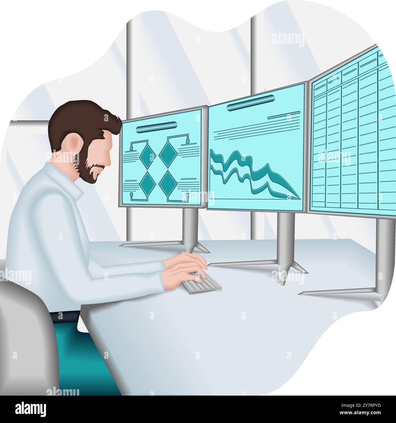 Un uomo sta studiando i rapporti per identificare e comprendere i problemi nel processo decisionale. Concetto di business. Illustrazione vettoriale 2D. Illustrazione Vettoriale