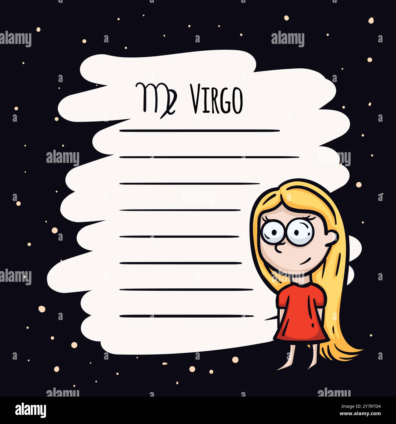 Semplice modello di pagina blocco note vettoriale con segno zodiaco virgo. Simboli astrologici dell'oroscopo. Biglietto per i desideri testuali, le previsioni Illustrazione Vettoriale