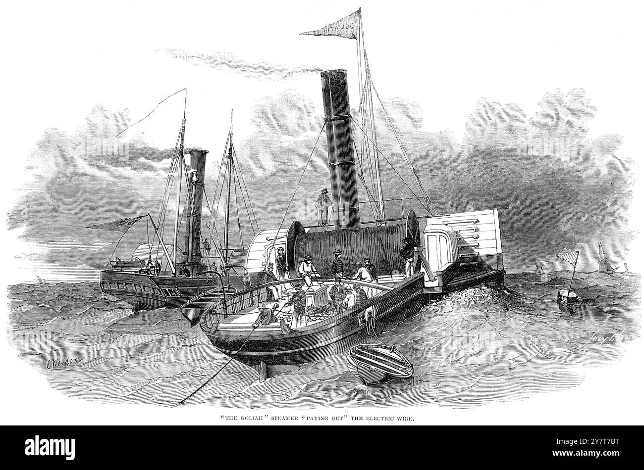 Posa del cavo del telegrafo del canale. Primo tentativo di posare un cavo telegrafico attraverso il Canale della Manica da dover a Calais, con le navi "Goliath" e "Widgeon". Questo tentativo fu fatto il 28 agosto 1850. Goliath (centro) fu scortato dalla HMS Widgeon. Il cavo si ruppe subito dopo la posa. Un tentativo riuscito di posare un cavo telegrafico fu fatto l'anno successivo dall'ingegnere britannico Jacob Brett nel settembre 1851. Il cavo cross-channel permetteva alla Gran Bretagna di essere collegata al sistema telegrafico europeo. Circa agosto 1850 Foto Stock
