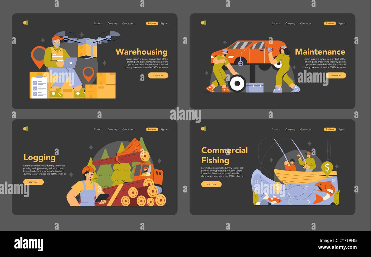 Set di professioni lavorative. Forza lavoro diversificata che svolge il proprio lavoro in magazzino, manutenzione, troncatura e pesca. Esperienza e attività quotidiane in esposizione. Illustrazione vettoriale. Illustrazione Vettoriale