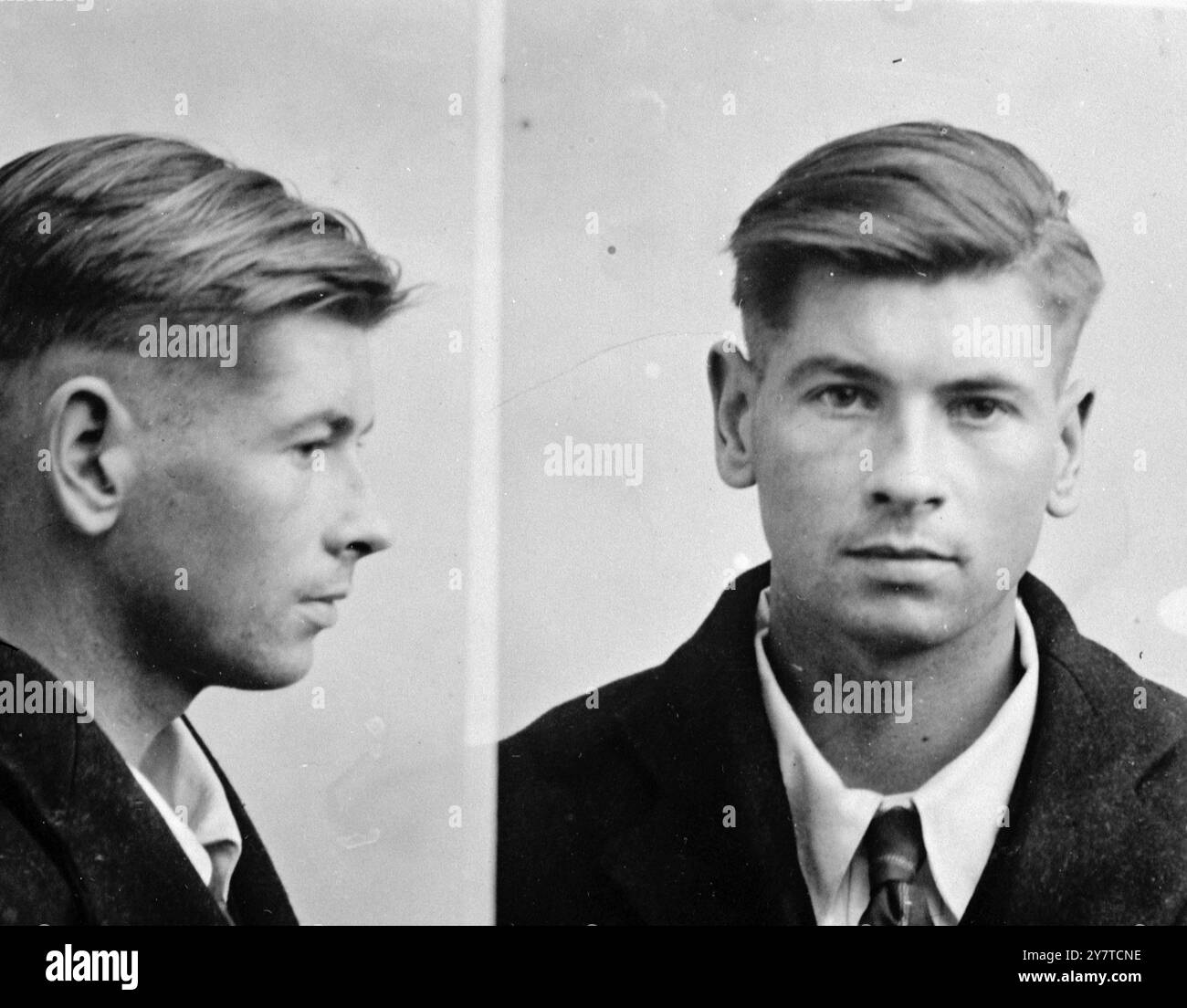 FUGGITO DA BROADMOOR nella foto è KENNETH FRANK WILLIAMS , 25, di Bristol , uno dei due detenuti della Broadmoor Institution - il manicomio criminale vicino a Crowthorne, Berks - che è fuggito oggi dopo aver lasciato manichini nei loro letti e per i quali è in corso un'intensa ricerca. William ha un'altezza di 5'6' e ha capelli e sopracciglia chiari. Come l'altro latitante, Ernest Roberts, indossava abiti da scuola grigi scuri quando è scappato. Williams, condannato per larcenia, fu inviato a Broadmoor nell'ottobre 1948. 20 marzo 1950 Foto Stock