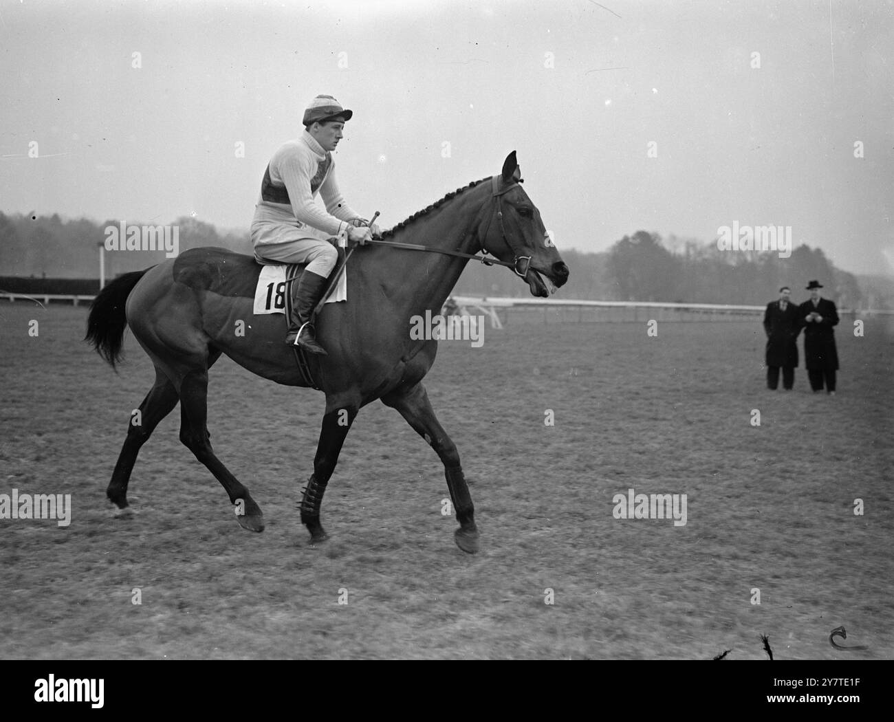 BUON OUTSIDER PER ' NATIONAL ' considerato come un buon fuori dalla sua possibilità nel Grand National Steeplechase-che sarà disputato ad Aintree, Liverpool il 25 marzo - è INVERLOCHY di Mr. F.S.Dyson (nella foto con PAT DOYLE Up). E in una baia di 11 anni di Lochiel da Hellenize . Inverlochy è allenato da A.S.Kilpatrick . Dopo un'assenza di cinque mesi dal corso di gara a causa di un infortunio, ha recentemente corso secondo al cacciatore reale Monaveen a Hurst Park quando Monaveen stava cedendo 19 sterline. Sabato scorso ha avuto una vittoria impressionante nella posta in palio del manifesto a Lingfield, battendo Clonaboy con una Foto Stock