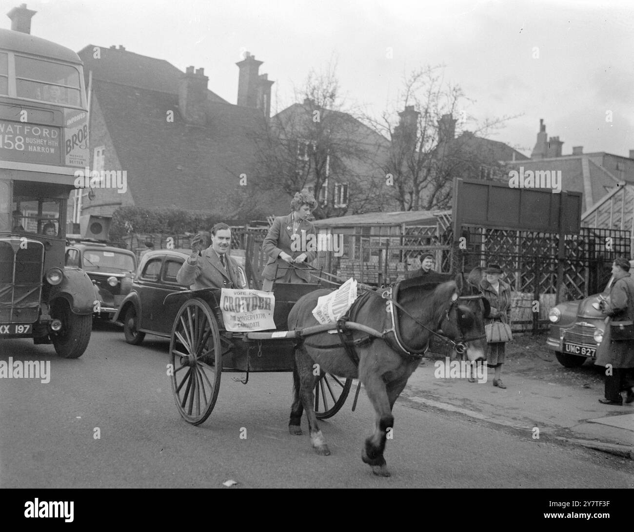 LA POTENZA DEI CAVALLI - SENZA BENZINA - NELLA SUA CAMPAGNA ELETTORALE . Visto in giro per il suo collegio elettorale in una trappola e pony è Peter Crowder, avvocato che è candidato conservatore per Ruislip Northwood (Middlesex) alle elezioni generali. Alla guida c'è Jill Payne, studentessa di 16 anni artista di Ruislip. Il pony e la trappola, prestato da un sostenitore, fornisce al signor Crowder la risposta alla carenza di benzina. 15 febbraio 1950 Foto Stock