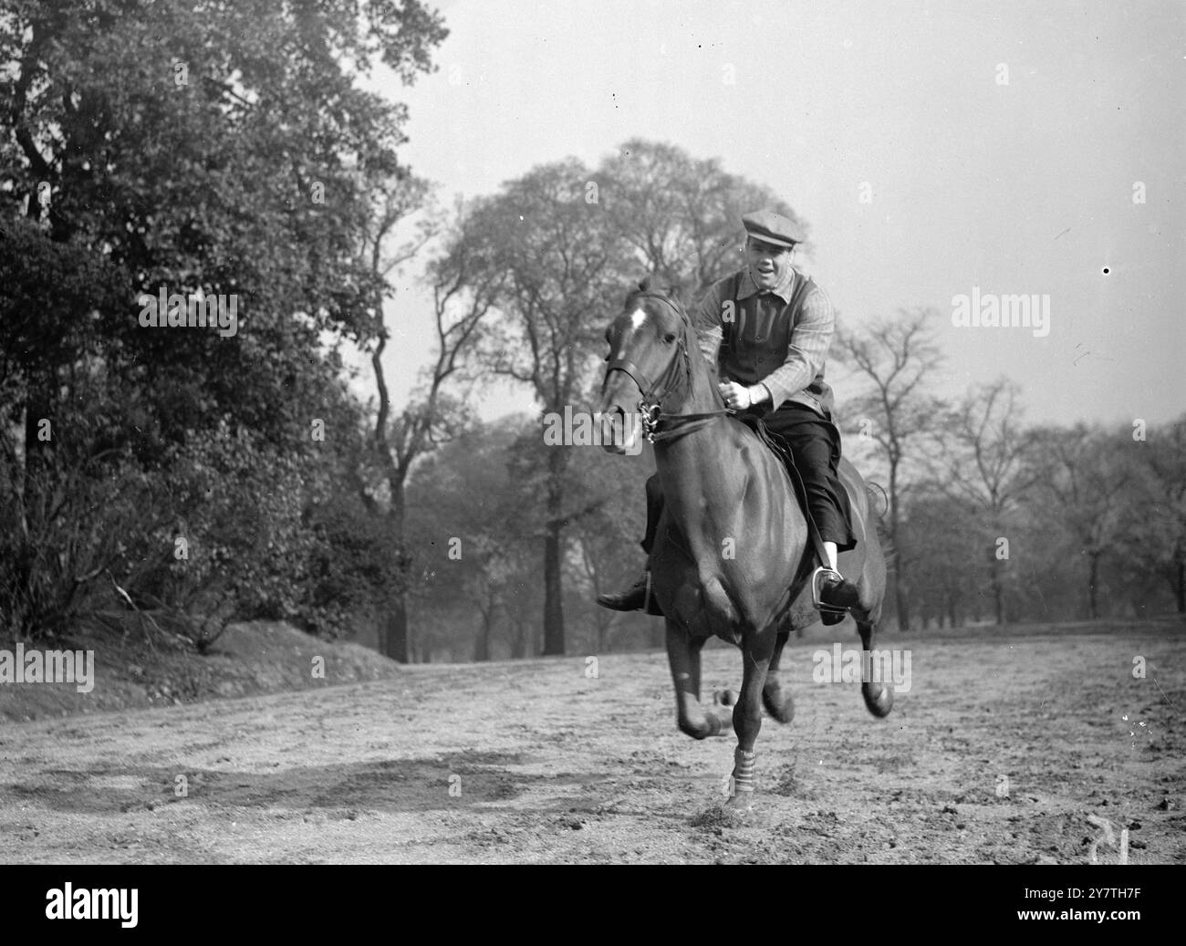 GIRO IN HYDE PARK PER U. I BOXER S mantengono una buona rifinitura fisica in molti modi, ma soprattutto grazie a un'azione di calistenismo che colpisce le borse. Con Pete Meade, il pugile americano, tuttavia, i programmi atletici includono un canter intorno a Hyde Park almeno mentre era a Londra. Mead, che afferma di essere un "heel-Bill", affronterà Randy Turpin in dieci round a Harringay, Londra, il 15 novembre. LE IMMAGINI MOSTRANO:- Pete Meade, su ' Tony ' fa un giro veloce di Hyde Park, Londra. Ottobre 29 1949 Foto Stock