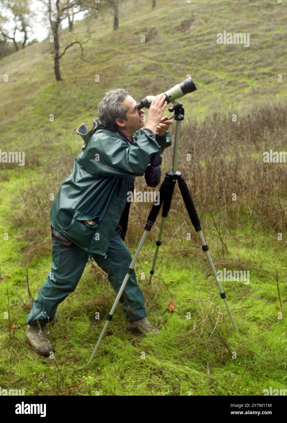 Milptas, California- Edward Rooks, con la Santa Clara Valley Audubon Society guarda l'uccello durante il conteggio degli uccelli domenica 15 dicembre 2002 al ed Levin Park a Milptas, California, durante il conteggio annuale degli uccelli. Il Christmas Bird Count è una tradizione di 103 anni della National Audubon Society, che ha iniziato a scoraggiare la pratica una volta comune della caccia agli uccelli il giorno di Natale. Il periodo di conteggio ufficiale va dal 14 dicembre al 5 gennaio, e i capitoli di Audubon possono scegliere qualsiasi giorno all'interno di quelle settimane per i loro conteggi giornalieri. A livello nazionale, più di 50.000 birders partecipano in genere ai conteggi annuali. T Foto Stock